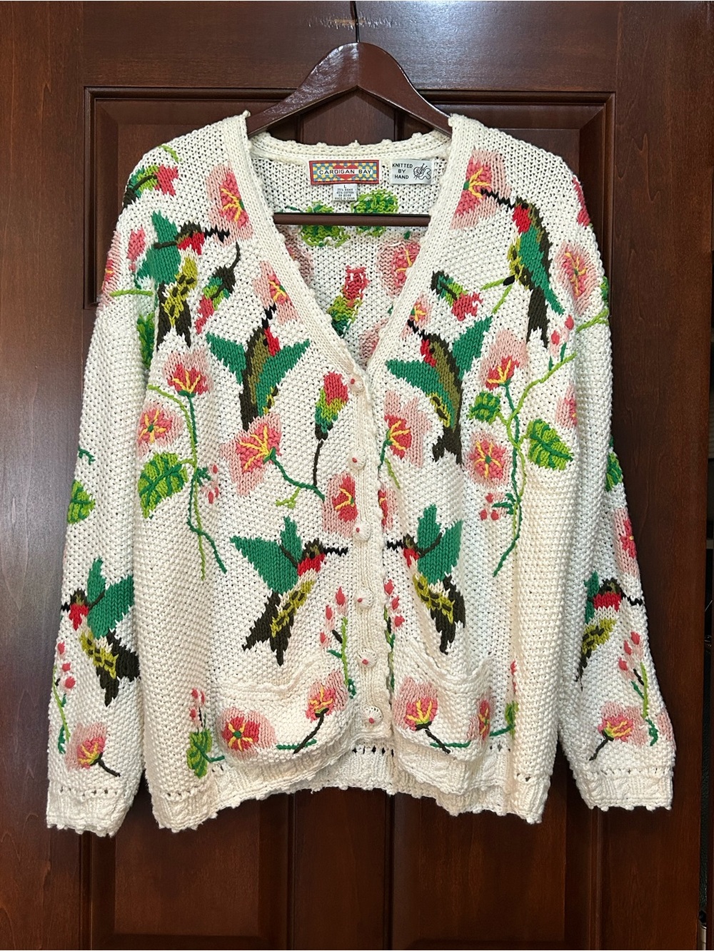 Vintage Cardigan Bay Hand Knit Hummingbird Floral Cardigan Sweater L